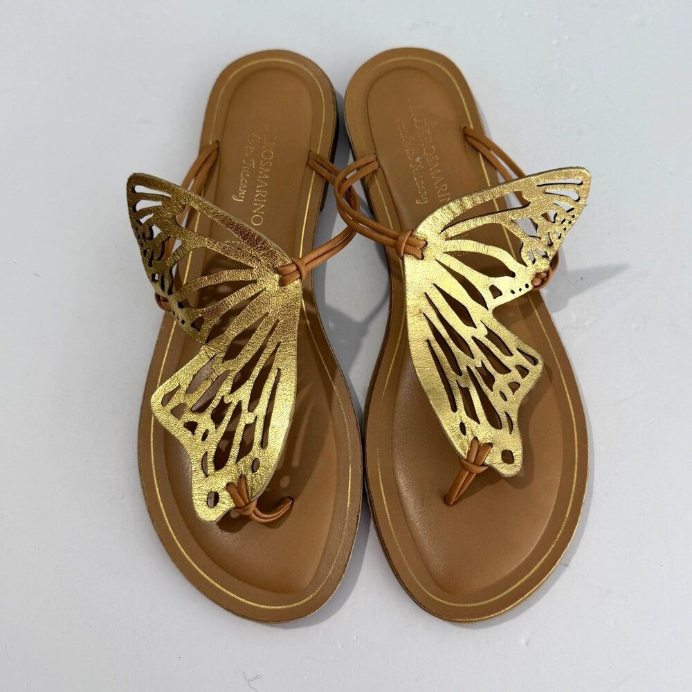 Verderosmarino, Italian Leather Gold Butterfly Thong Sandal Flip Flops, sz 10